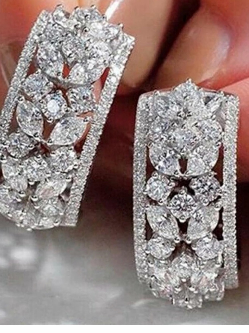 Diamond Cluster Hoop Earrings - White Gold Tone and plated cubic zirconia